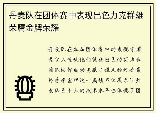 丹麦队在团体赛中表现出色力克群雄荣膺金牌荣耀