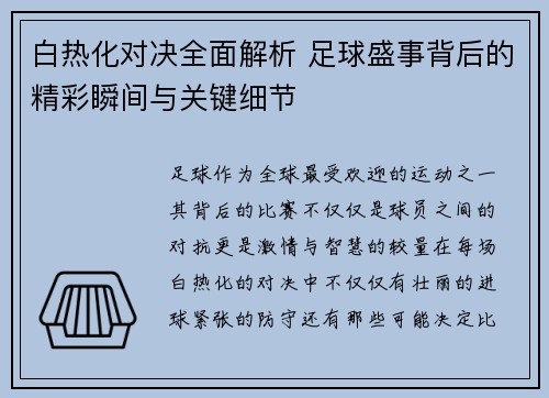 白热化对决全面解析 足球盛事背后的精彩瞬间与关键细节