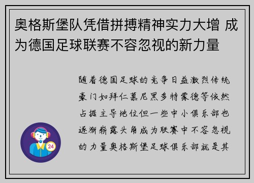 奥格斯堡队凭借拼搏精神实力大增 成为德国足球联赛不容忽视的新力量