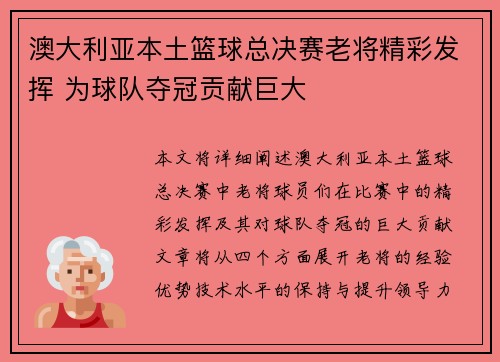澳大利亚本土篮球总决赛老将精彩发挥 为球队夺冠贡献巨大