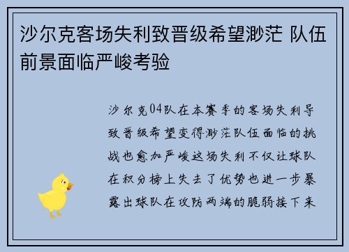 沙尔克客场失利致晋级希望渺茫 队伍前景面临严峻考验